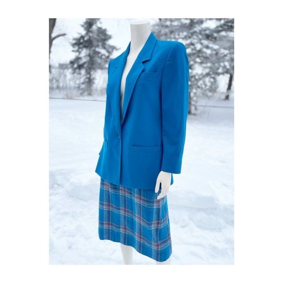 Vintage 80s Wool Skirt Suit Teal Boxy Blazer Tartan Plaid Midi Skirt Sz 12 - Picture 5 of 11